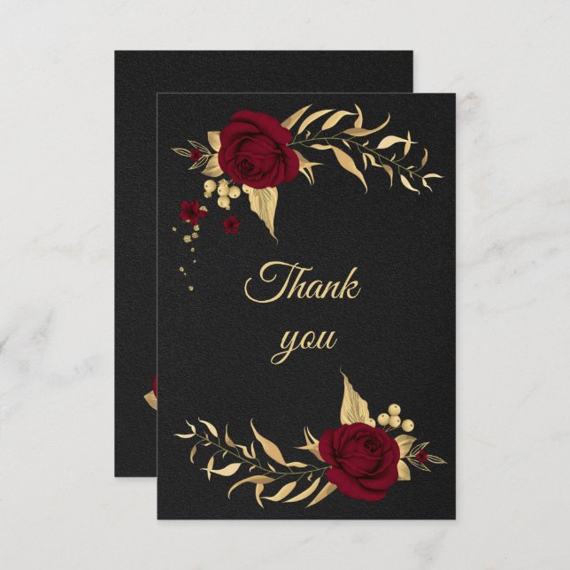 cartão de agradecimento floral dourado em burgundy (Frente/Verso)