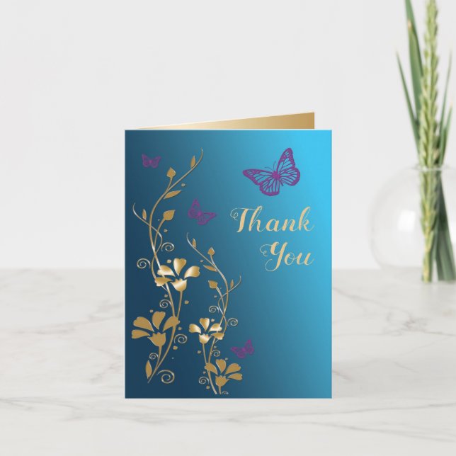 Cartão de Agradecimento Floral Dourado Turquesa Ro (Frente)