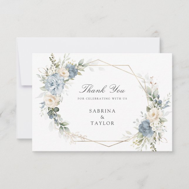 Cartão De Agradecimento Floral Dusty Blue Greenery Wedding Thank You Card (Frente)