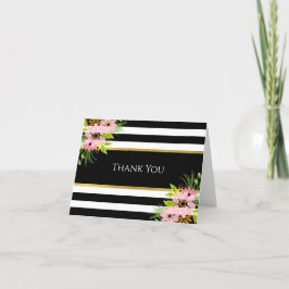 Cartão De Agradecimento Floral e Dourado, cor-de-rosa com na moda striping