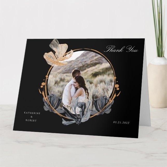 cartão de agradecimento floral exclusivo em preto  (Frente)