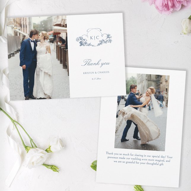 Cartão De Agradecimento Floral francês azul-poeirento elegante (Criador carregado)