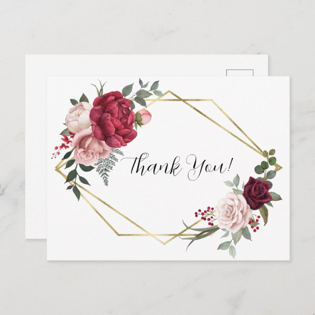 Cartão de agradecimento floral geométrico em doura (Frente/Verso)
