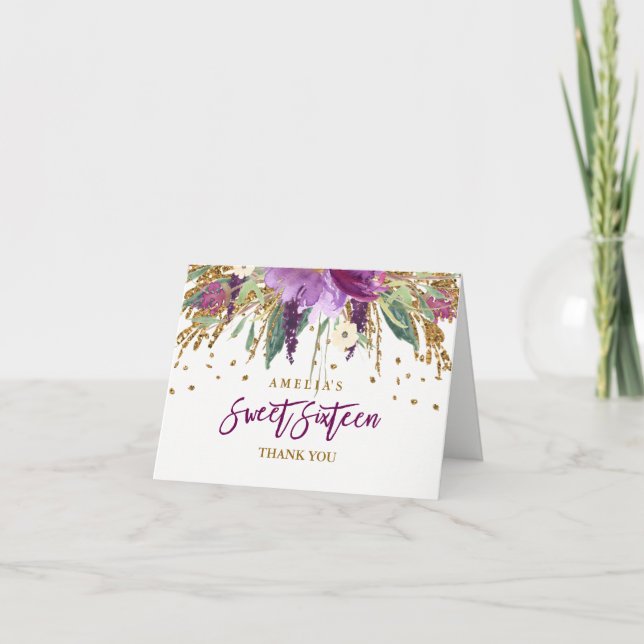Cartão De Agradecimento Floral Glitter Sparkling Amethyst Sweet 16 Card (Frente)