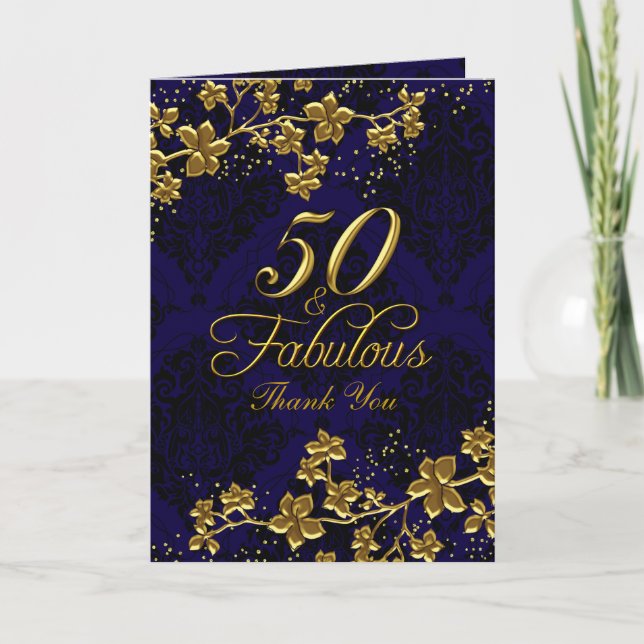 Cartão De Agradecimento Floral Gold Blue 50 & Fabulous Thank You Card (Frente)