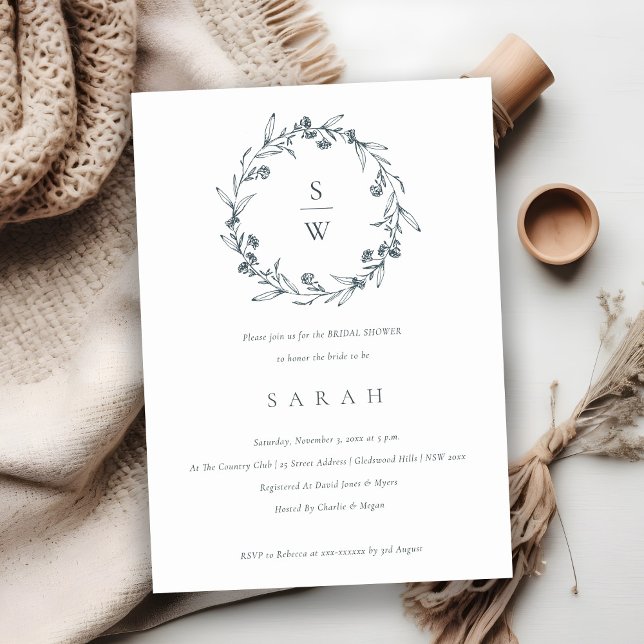 Cartão De Agradecimento Floral Laurel Wreath Monographic Chá de panela Inv (Criador carregado)