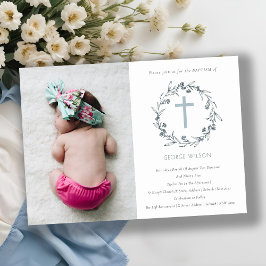 Cartão De Agradecimento Floral Laurel Wreath Photo Cross Baptism Invite