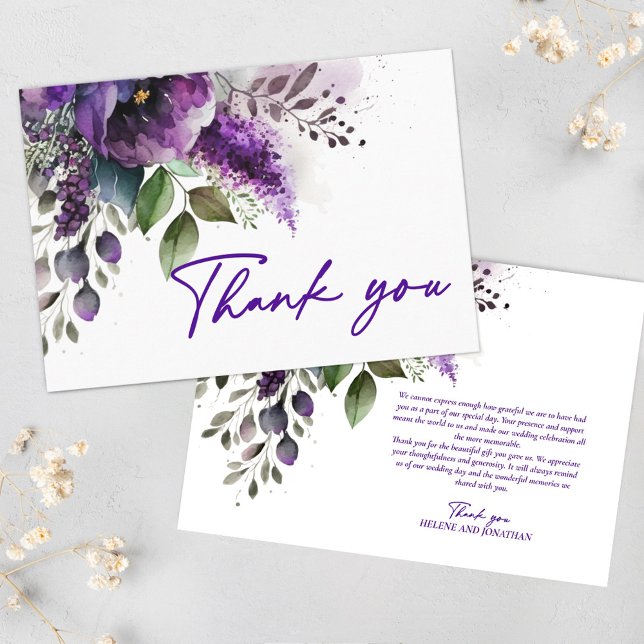 Cartão De Agradecimento Floral Moderno Elegante Casamento Roxo Obrigado (Floral Modern Elegant Purple Wedding Thank You)