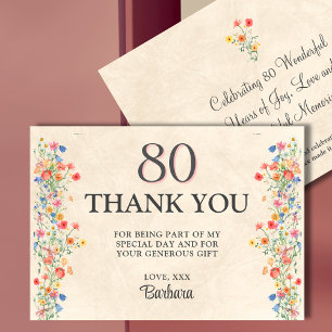 Cartão De Agradecimento Floral Obrigado(a) Elegante 80 Anos de Idade