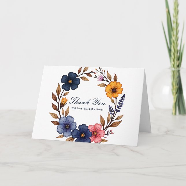 Cartão De Agradecimento Floral Personalizada Wreath Obrigado (Frente)