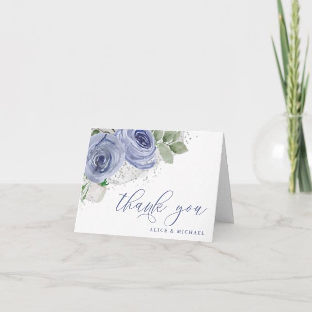 Cartão De Agradecimento Floral Personalizado Aquarela Azul e Prata (Frente)