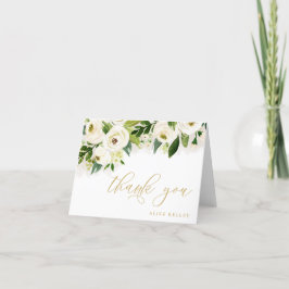 Cartão De Agradecimento Floral Personalizado Aquarela Branco e Dourado