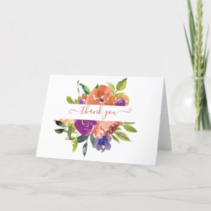 Cartão De Agradecimento Floral personalizado em aquarela roxa e laranja  