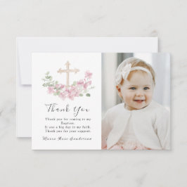 Cartão De Agradecimento Floral Pink Baptism Cross Thank you Photo Card