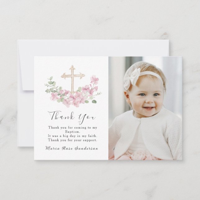 Cartão De Agradecimento Floral Pink Baptism Cross Thank you Photo Card (Frente)