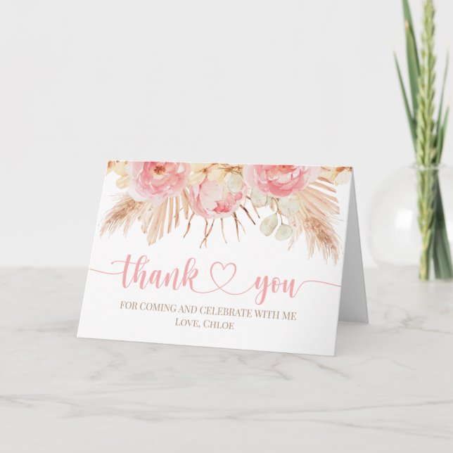 Cartão De Agradecimento Floral pink Boho Pampas Thank you card (Frente)