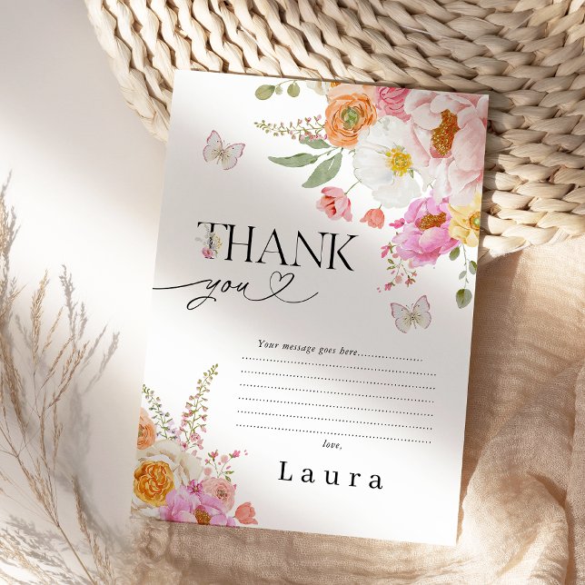 Cartão De Agradecimento Floral Pink Butterflies Baby In Bloom Baby Shower (Baby in Bloom Baby Shower Favor Tag Girl, Modern Floral Baby Shower Tag, Floral Baby Shower Tags)
