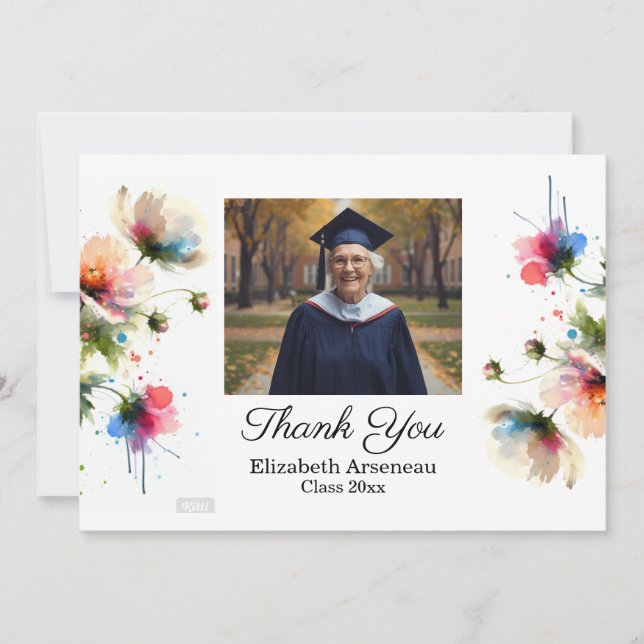 Cartão De Agradecimento Floral Pink Photo Graduation Personalize (Frente)