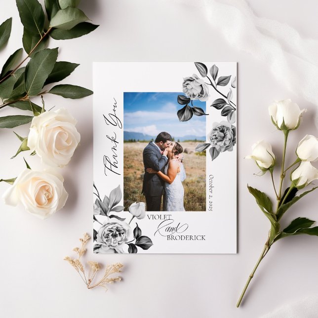 Cartão de Agradecimento Floral Preto e Branco Pers (Criador carregado)