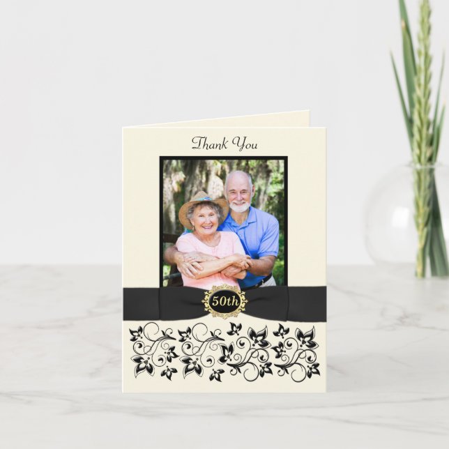 Cartão de Agradecimento Floral Preto Marfim de Ani (Frente)