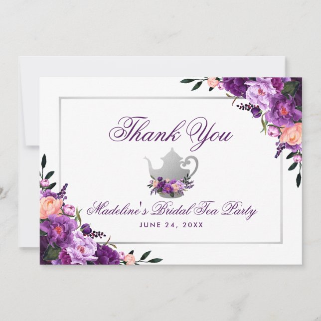 Cartão De Agradecimento Floral Purple Bridal Tea Party Obrigado P (Frente)
