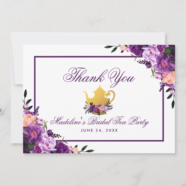 Cartão De Agradecimento Floral Purple Dourada Bridal Tea Party Obrigado (Frente)