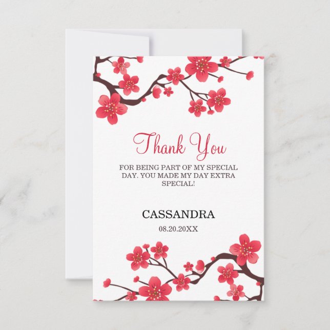 Cartão De Agradecimento Floral Red Cherry Blossom Sakura Birthday (Frente)