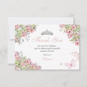 Cartão De Agradecimento Floral Rosa Bege e Borboleta Verde Quinceañera