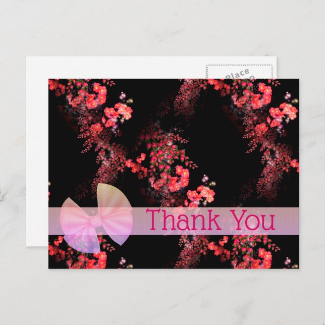Cartão de agradecimento floral rosa elegante preto (Frente/Verso)
