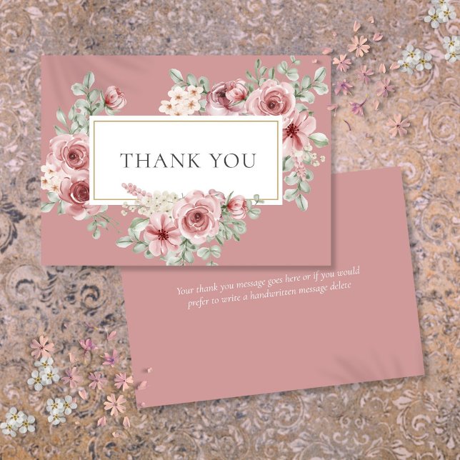 Cartão De Agradecimento Floral Rosa Empoeirado Dourado Geométrico (Dusty Rose Floral Gold Geometric Thank You Card)