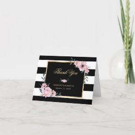 Cartão De Agradecimento Floral rosa-rosa-riscado branco e preto