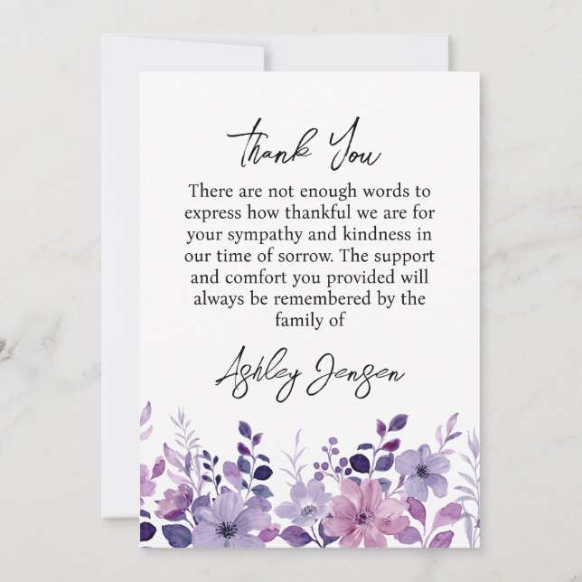 Cartão de Agradecimento Floral Roxo de Simpática (Verso)