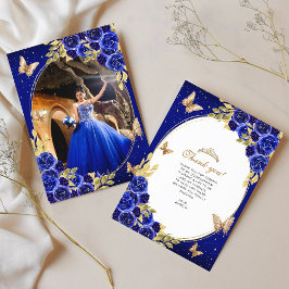 Cartão De Agradecimento Floral Royal Blue Butterfly Quinceañera Foto