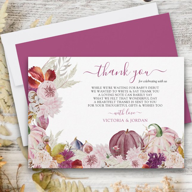 Cartão De Agradecimento Floral Russo e Pumpkin Rosa (Fall thank you card with poem, autumn leaves and pink pumpkins)