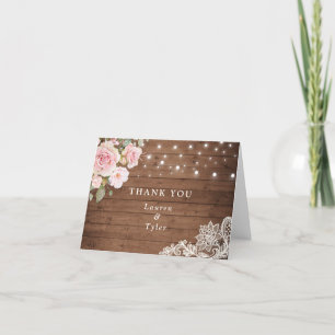 Cartão De Agradecimento Floral Russo Wood Blush Rosas Luzes de Cordas