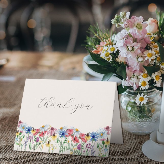 Cartão De Agradecimento Floral Rustic Country Casamento de Flores Selvagen (Wedding Thank You Card with elegant script and wildflower border)