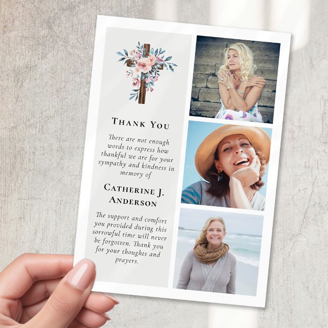 Cartão De Agradecimento Floral Rustic Cross 3 Photo Simpatia Funeral (Criador carregado)