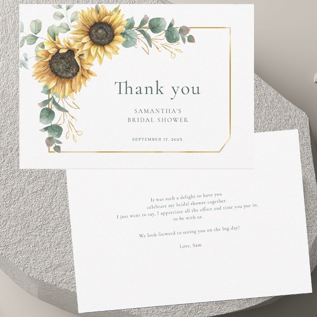 Cartão De Agradecimento Floral Sunflower Eucalyptus Elegant Chá de panela (Floral Sunflower Eucalyptus Elegant Bridal Shower Thank You Card)
