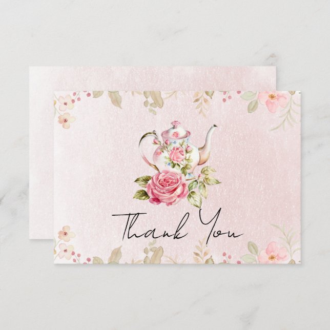 Cartão De Agradecimento Floral Teapot Chá de panela Tea Party Obrigado (Frente/Verso)