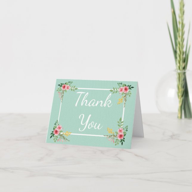Cartão De Agradecimento Floral Thank You Mint Green Pink Rose Flowers (Frente)