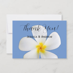 Cartão De Agradecimento Floral Tropical, Plumeria Branca em Azul, Casament