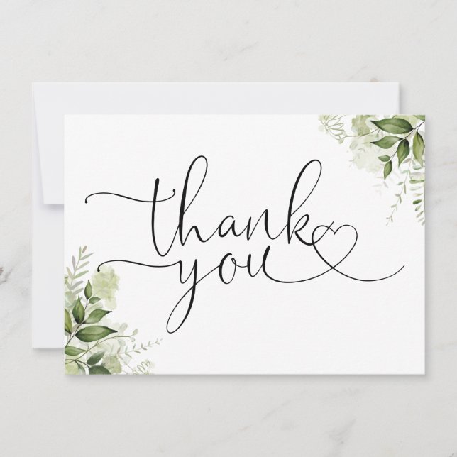 Cartão De Agradecimento Floral Verde Elegante Coração Script (Frente)