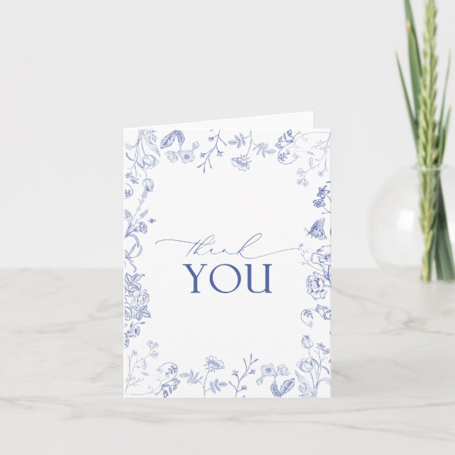 Cartão De Agradecimento Floral Vitoriano Francês Azul e Branco Obrigado (Frente)