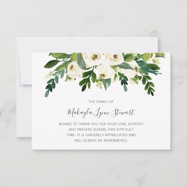 Cartão De Agradecimento Floral White Roses Greenery Simpatia Funeral (Frente)