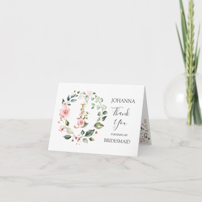 Cartão De Agradecimento Floral Wreath Bridesmaid - letra J (Frente)