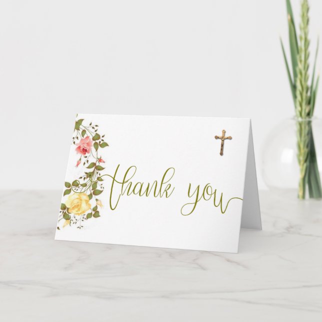Cartão De Agradecimento Floral Wreath Crucifix Thank You Overlay (Frente)