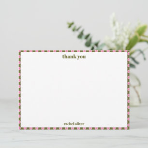 Cartão De Agradecimento Floral Xadrez Préppy Rosa e Verde Personalizado