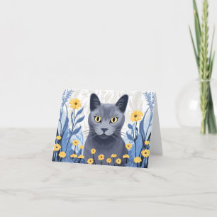 Cartão De Agradecimento Flores Amarelas do Gato Azul Russo