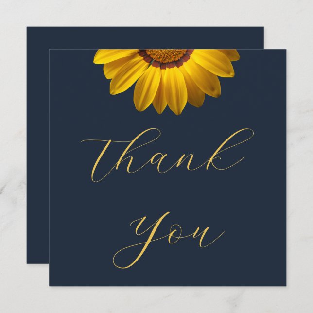 Cartão De Agradecimento Flores Amarelas em Monograma de fundo Azul Marinho (Frente/Verso)