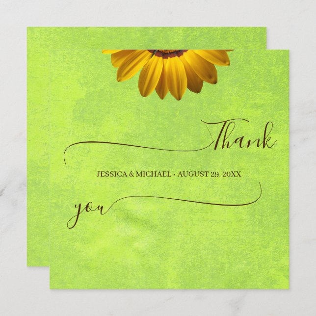 Cartão De Agradecimento Flores Amarelas no Casamento Verde Abstrato (Frente/Verso)